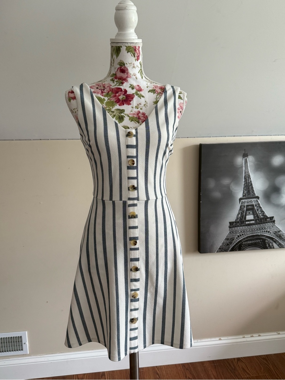 Iz Byer white & Navy Striped Women’s Dress